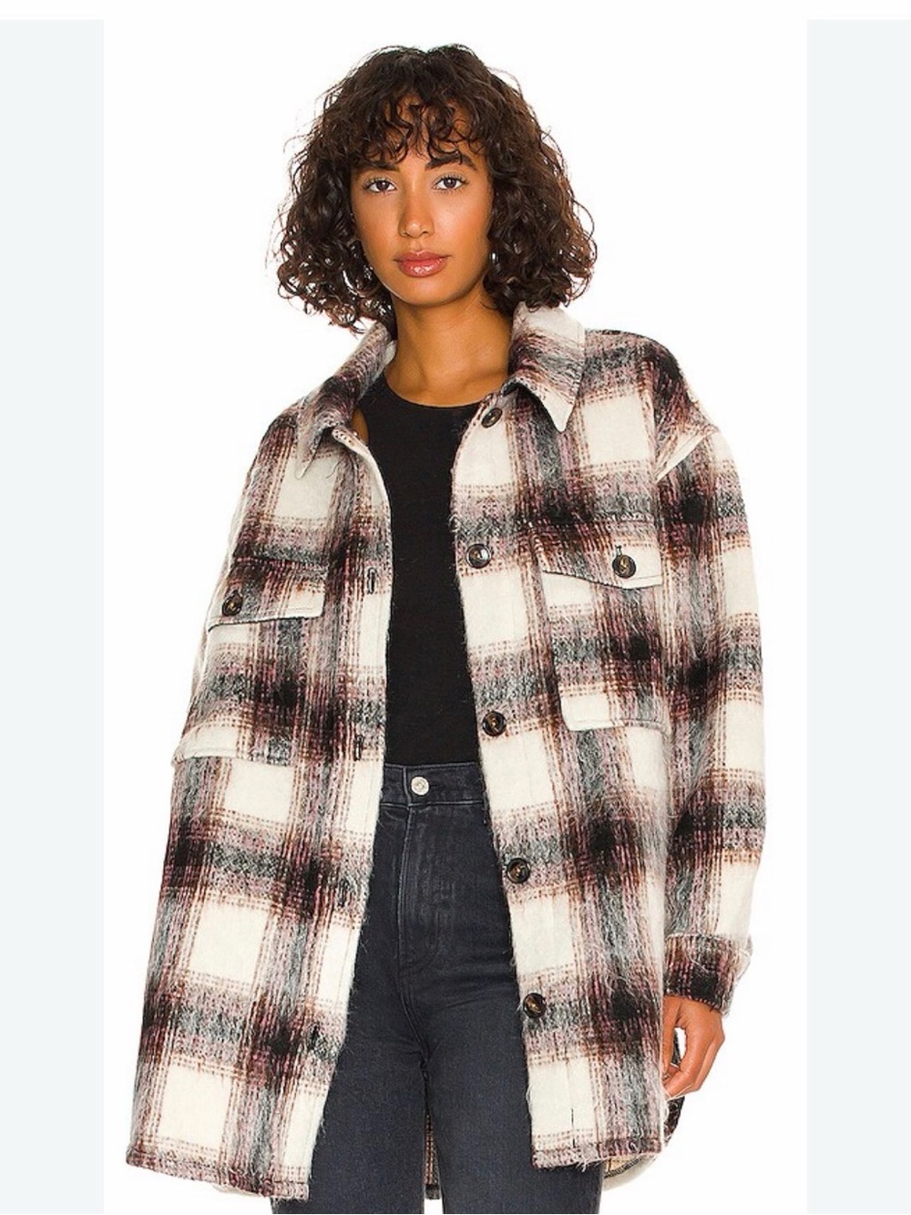 Lucky Brand Wool Blend Cream/Brown Plaid Shacket Womens Size M Oversized Jacket